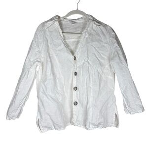 CP SHADES Button Down Shirt White Linen Blouse 3/4 Sleeve Statement Button Sz L